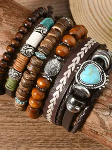 Bohemian Leather Accessory Bracelet Set, 6 Pieces, Wooden Beads with Turquoise Heart Pendant, Wristband, Casual Boho Style, All Seasons