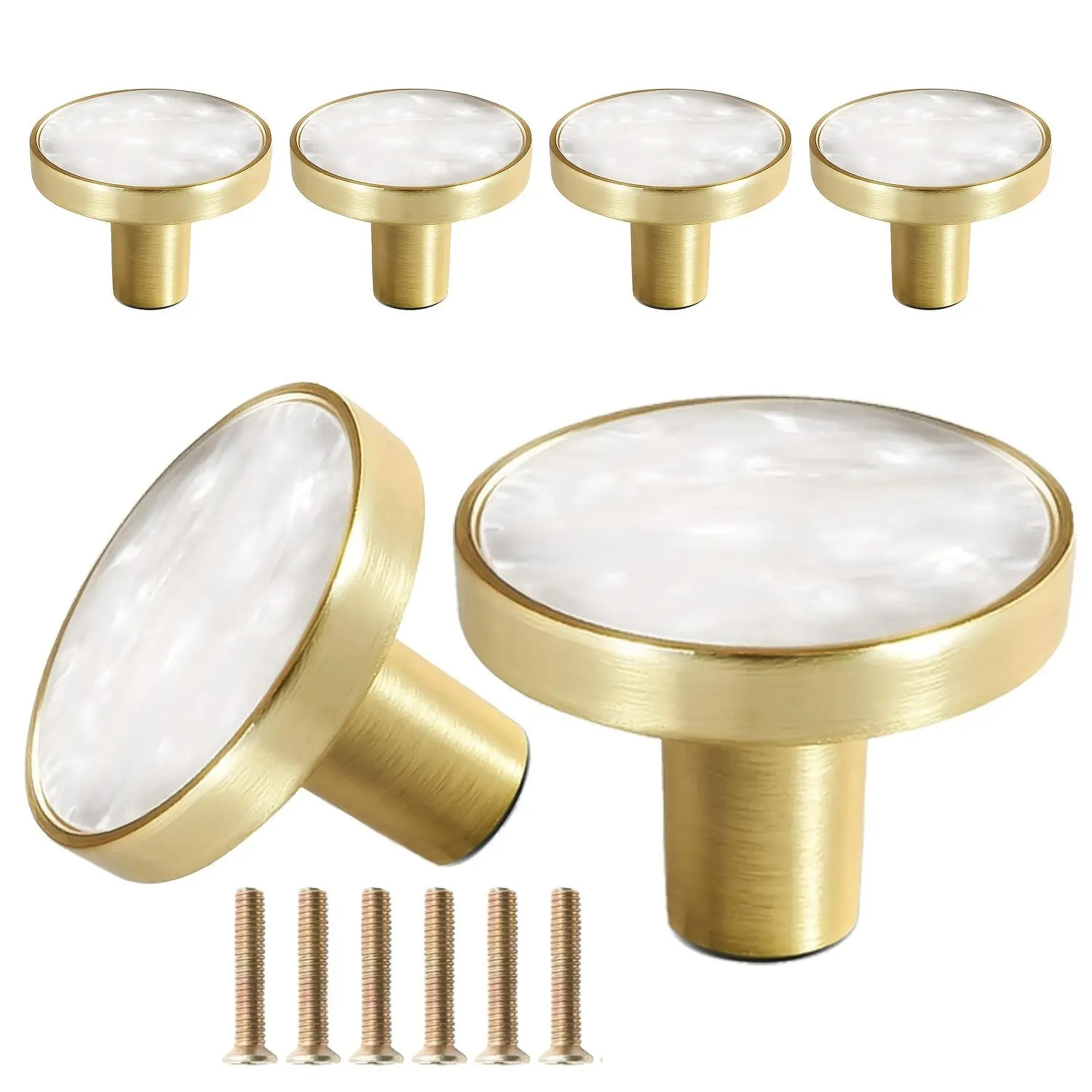 6-Piece Brushed Brass Round Cabinet Knobs with Mother-Of-Pearl Inlay, Modern Drawer Pulls with Installation Screws, Kitchen & Bathroom Hardware, Door Knob
