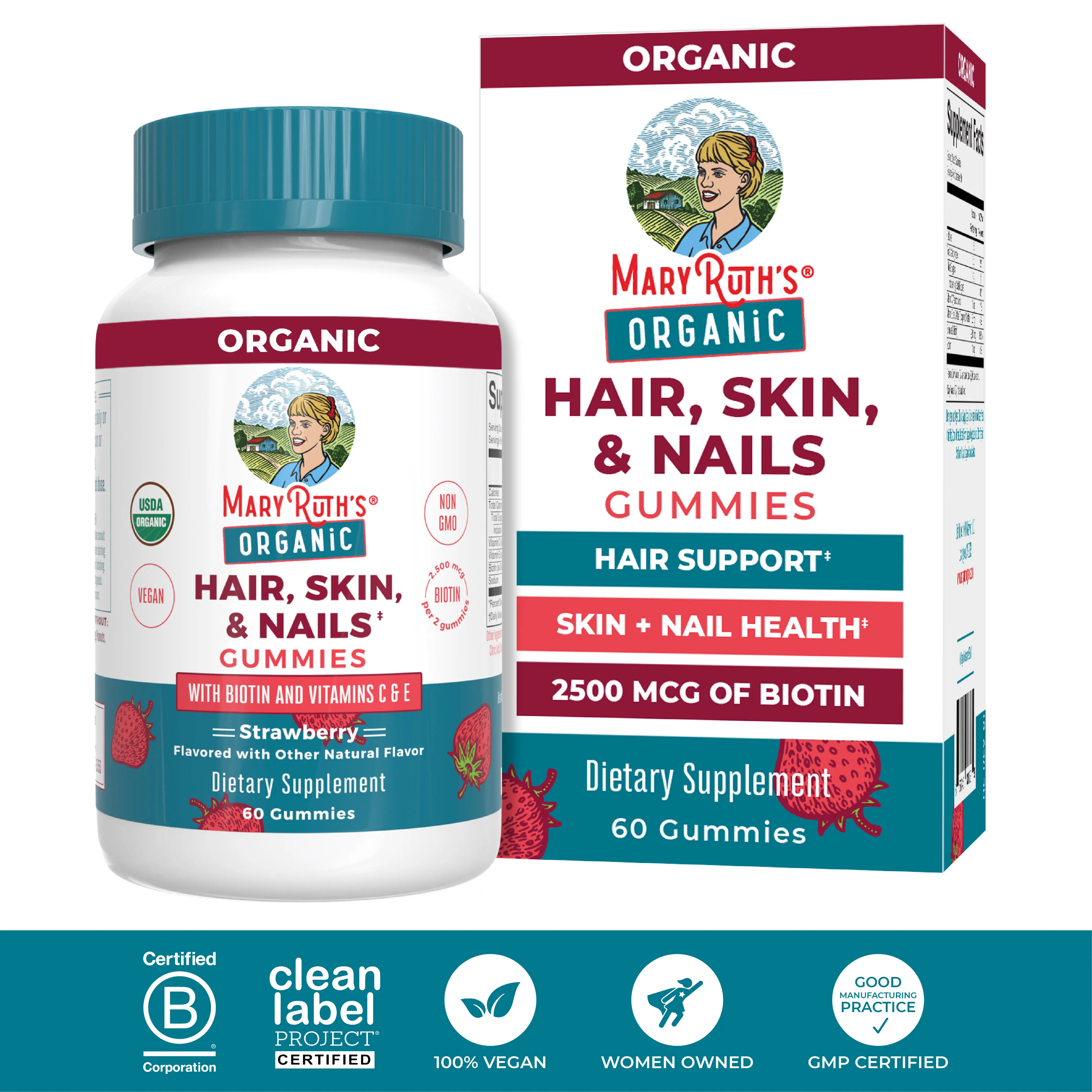MaryRuth's Hair Skin and Nail Vitamins - USDA Organic - Biotin, Vitamin C & Vitamin E - Hair & Skin Health - Nail Growth - For Ages 14+ - 60 Count