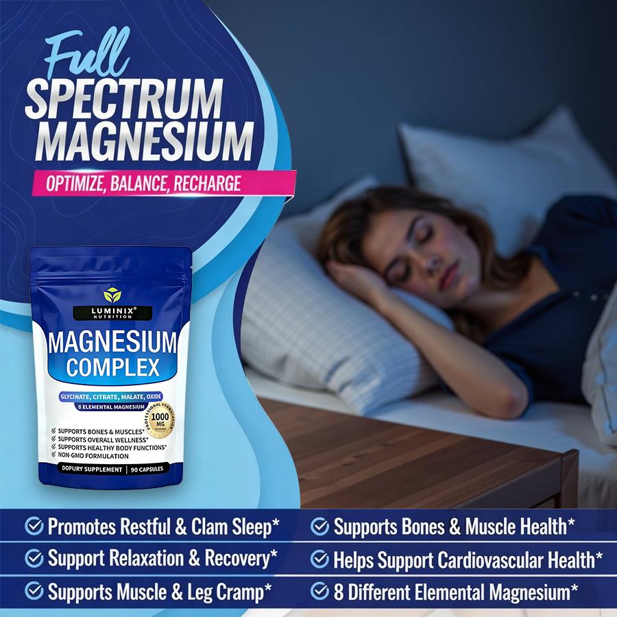 LUMINIX Magnesium Complex 8 Essential Magnesium Supplement 1000mg, A powder containing 8 essential magnesium complexes.