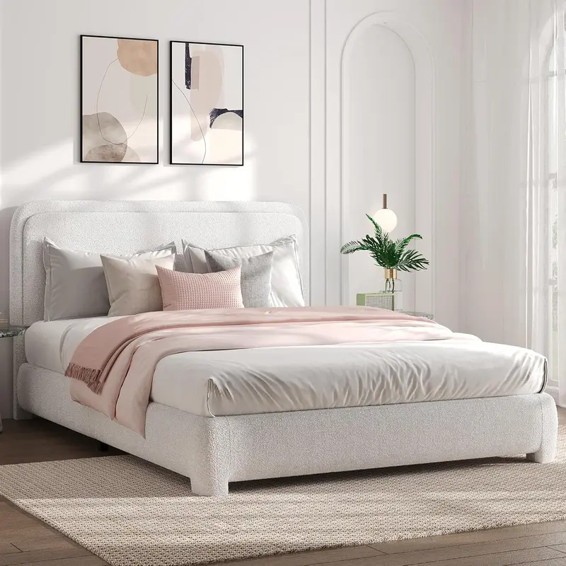HOMBCK Soft Boucle Contemporary Upholstered Queen Size Bed Frame - Soft Curved Headboard, Rounded Corners, Silent, High Resiliency Foam, Assembly Required, Modern Bedroom Furniture, No Mattress Included