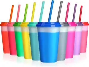 Plastic Cute Cold Cups with Lids and Straws Bulk for Iced Coffee - 10Pack 24 oz Color Changing Reusable for Adults Kid Women Party