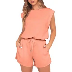 GRECERELLE Rompers For Women 2026 Summer Cap Sleeve Adjustable Drawstring Waistband Cozy Lounge Short Jumpsuit With Pocket