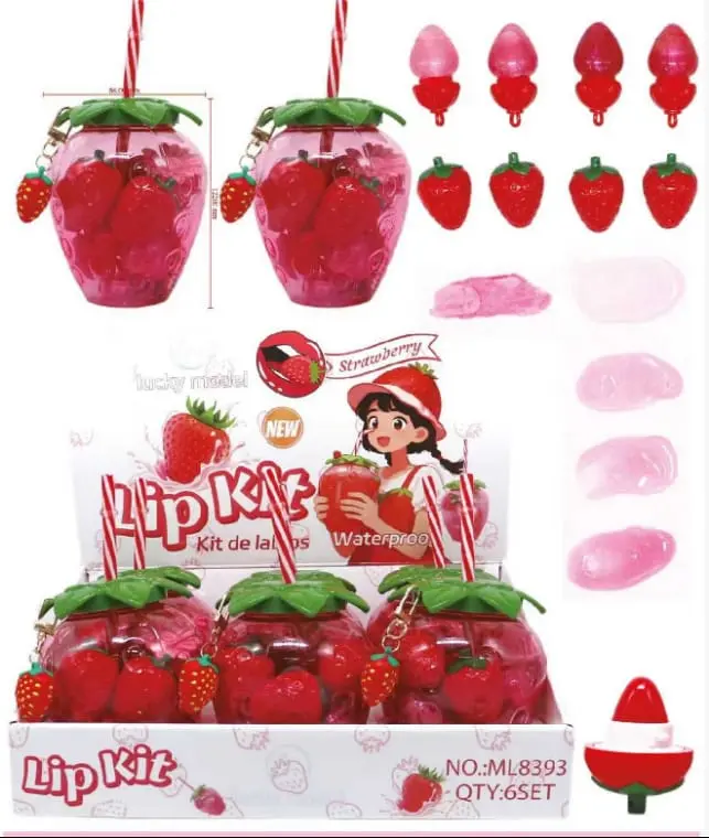 lipstick/ lip balm kit with strawberry scent in a drink-style container