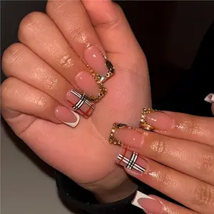 24 Pcs Nude Short Square Press-On Nails, Classic Plaid Print, Trim, Glossy Finish, Reusable, Includes Jelly Glue & Nail File
