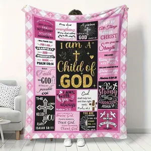 Christian "I Am A Child Of God" Religious Print Flannel Blanket, Pink Bible Verse Cross Scripture Plush Throw, Warm Cozy Fuzzy Bedding for Women, Perfect Baptism Birthday Home Decor Gift, Religious Print Blankets