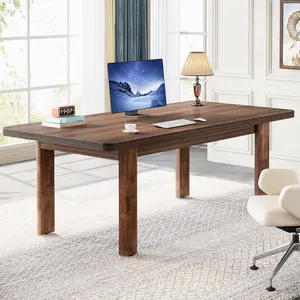 Tribesigns 63-Inch Executive Desk, Large Office Computer Desk With Solid Wood Legs, Modern Study Writing Desk Workstation Business Furniture For Home Office, Brown workdesk