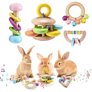 4 Pcs Wooden Bunny Toys - Safe Rabbit & Guinea Pig Toys for Chinchillas & Hamsters, Teeth Grinding, Indoor & Outdoor