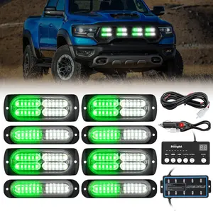 Nilight 8PCS Led Strobe Lights with Controller 12V 24V Sync Feature Green White Strobe Light 12 24 LED Surface Mount Hazard Warning Lights with Strobe Controller for Vehicle Car Truck RV ATV