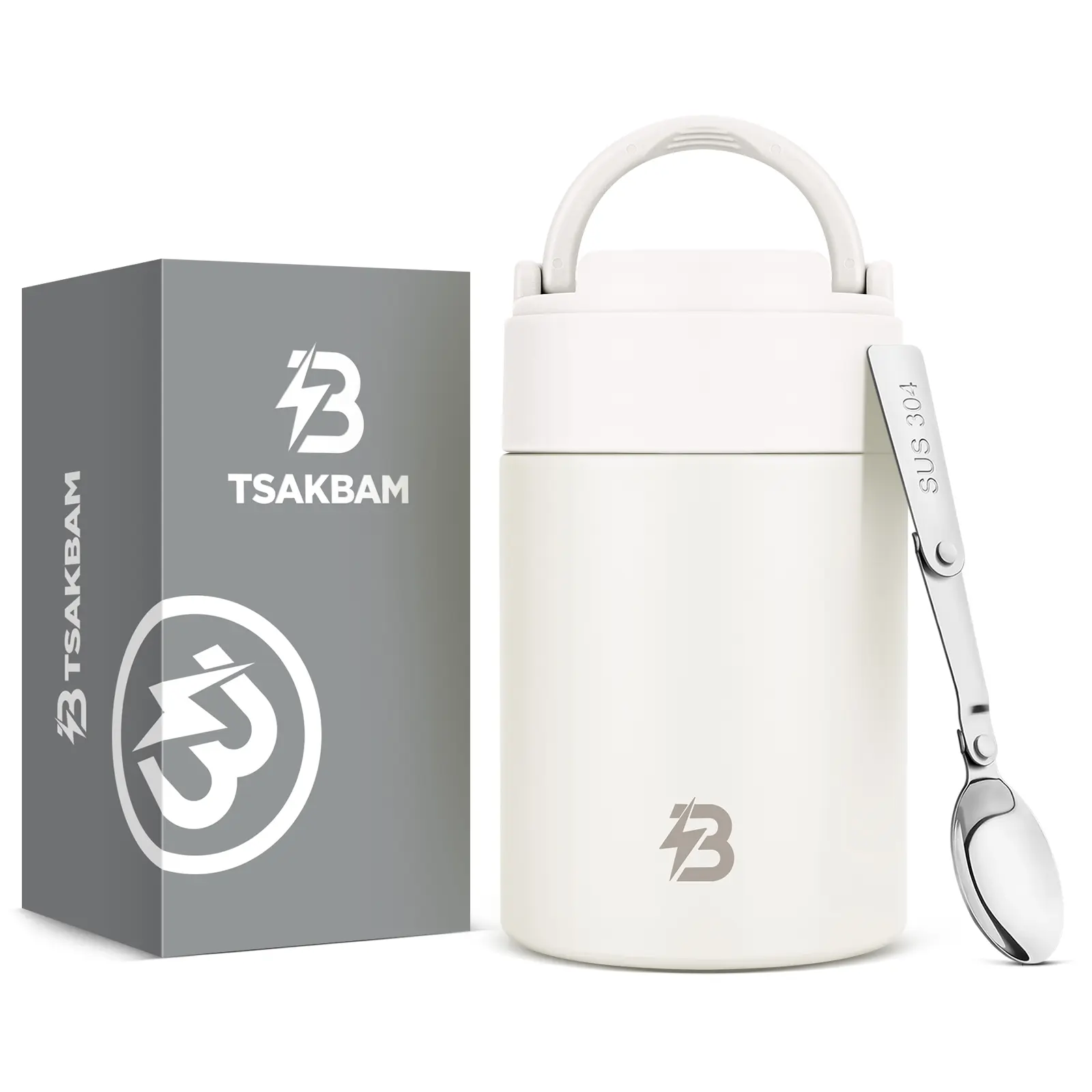 TSAKBAM 17OZ Wide-Mouth Leakproof Insulated Lunchbox for Adults, Stainless Steel Hot Food Container with Lid, Portable Fold-Up Spoon & Handle, Ideal for Lunch at Work, Easy Wide-Mouth Clean
