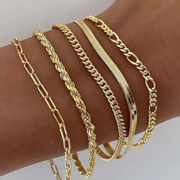 [New Deal] Gold Bracelets for Women Waterproof, 14K Real Gold Jewelry Sets Trendy Thin Dainty Stackable Cuban Link Paperclip Chain Bracelet Pack Fashion Accessories Gifts for Womens