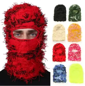 2025 New Hip-Hop Style Balaclava Distressed Knit Hat, Full Face Ski Mask, Women's Outdoor Camouflage Plush Ski Hat, Warm Hat
