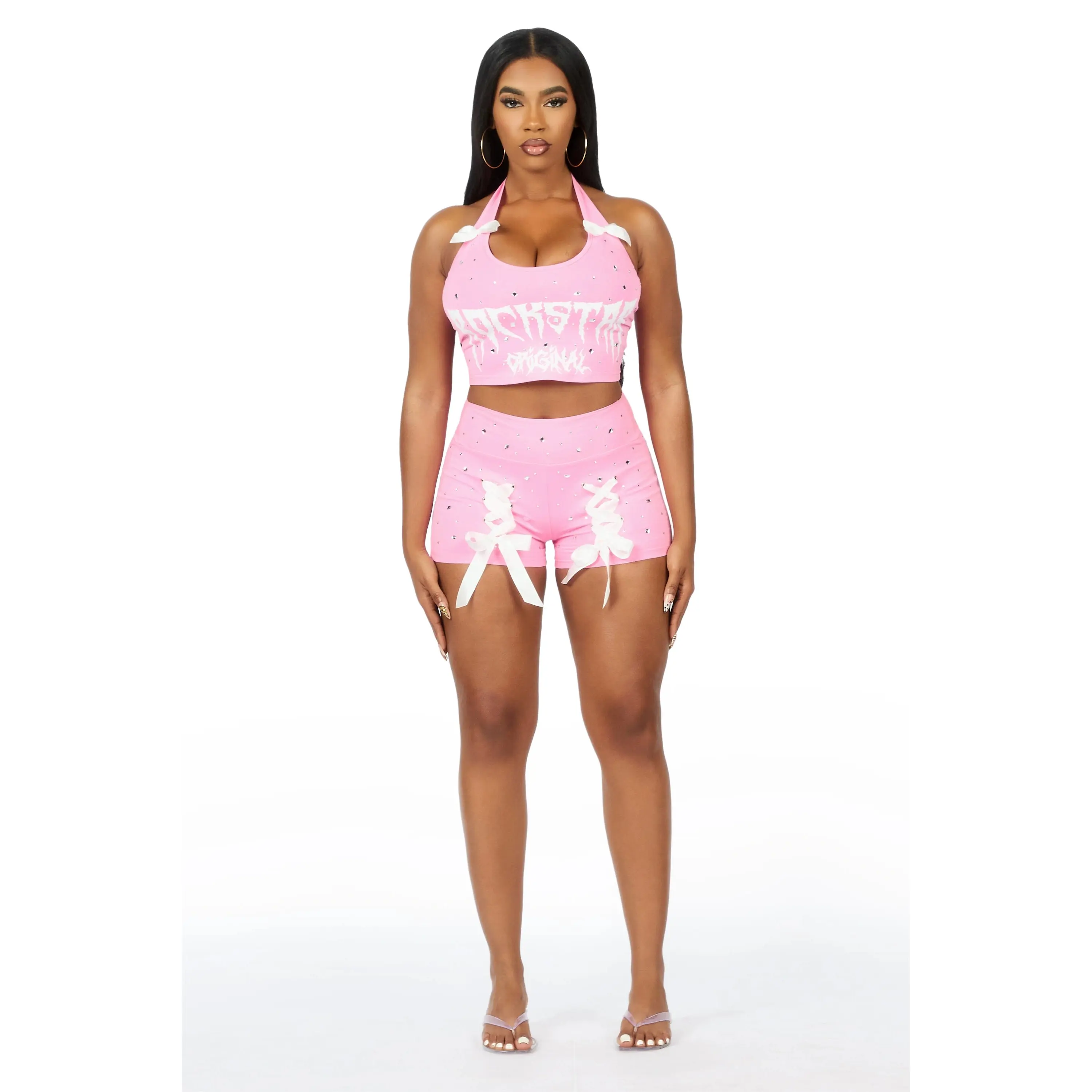 Donita Pink Rhinestone Halter Tank Short Set