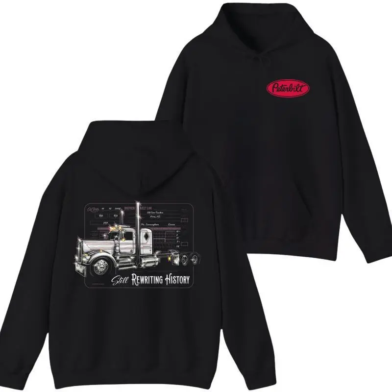 Peterbilt Rewriting History Hoodie – Iconic Truck Graphic, Soft Cotton Blend, Bold Trucker Apparel, Unisex Fashion for Truck Enthusiasts