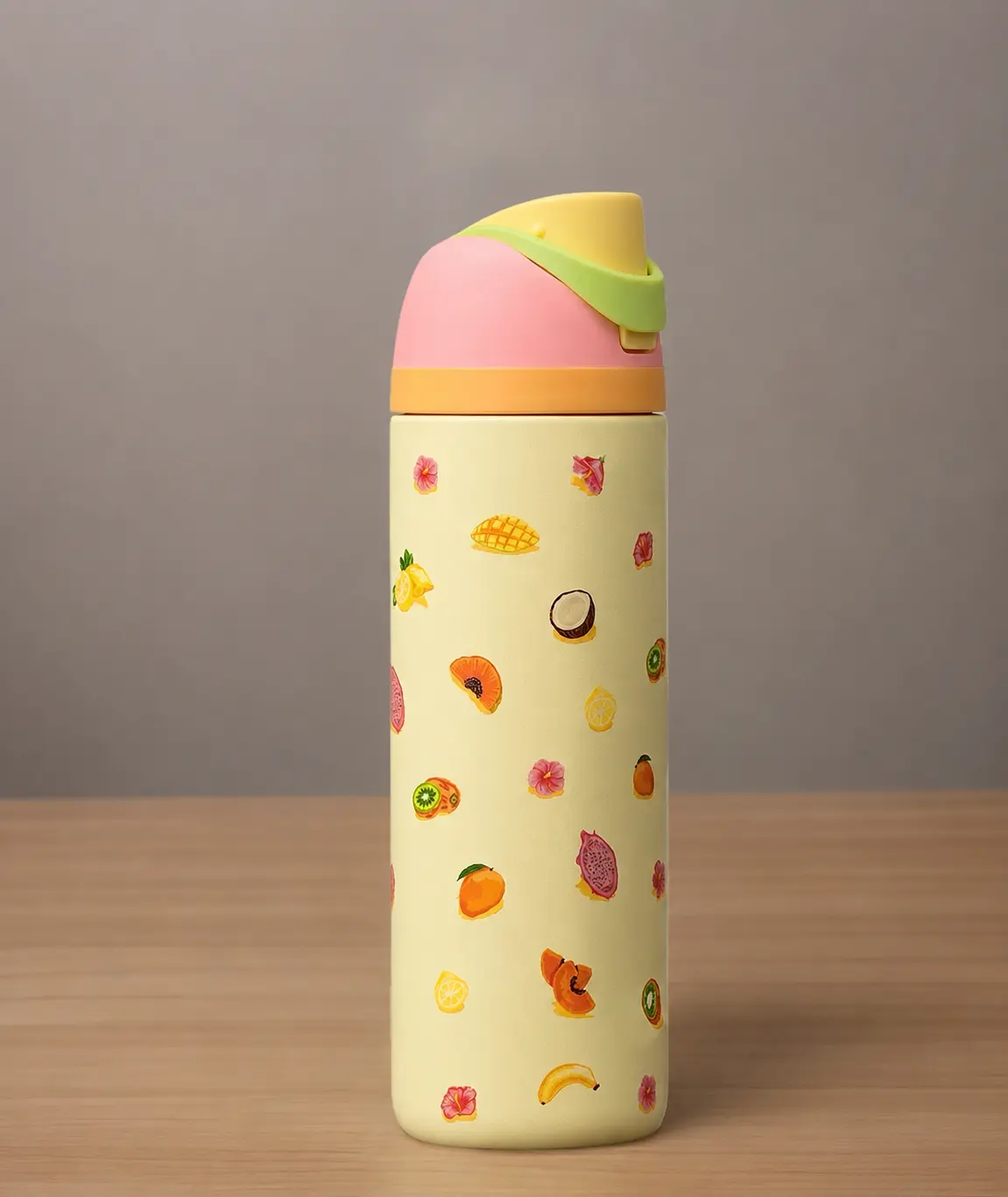 Vacuum Insulated Stainless Steel Water Bottle with Flip Straw Lid, Fruit Pattern Travel Tumbler for Work, School & Fitness