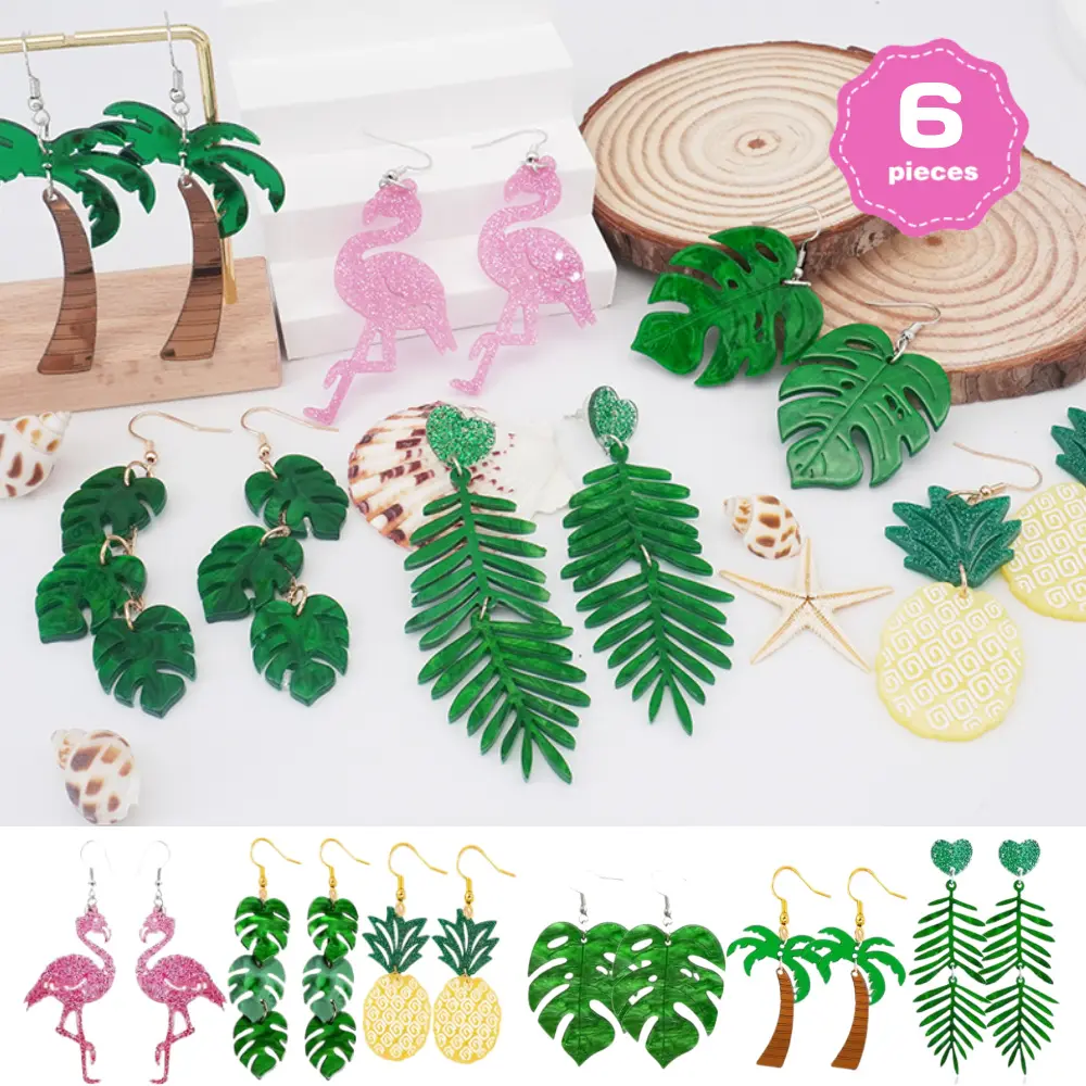 6 Pairs Tropical Earrings for Women Coconut Palm Leaf Dangle Earrings Green Plant Pineapple Flamingo Hawaiian Earrings jewelry