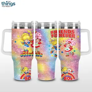 Retro 80s Cartoon Besties Tumbler 40oz & 20oz, Insulated Stainless Steel Travel Mug with Handle & Lid, Double Wall Vacuum Cup, Friendship Aesthetic Gift, Water Bottle, Daily Use