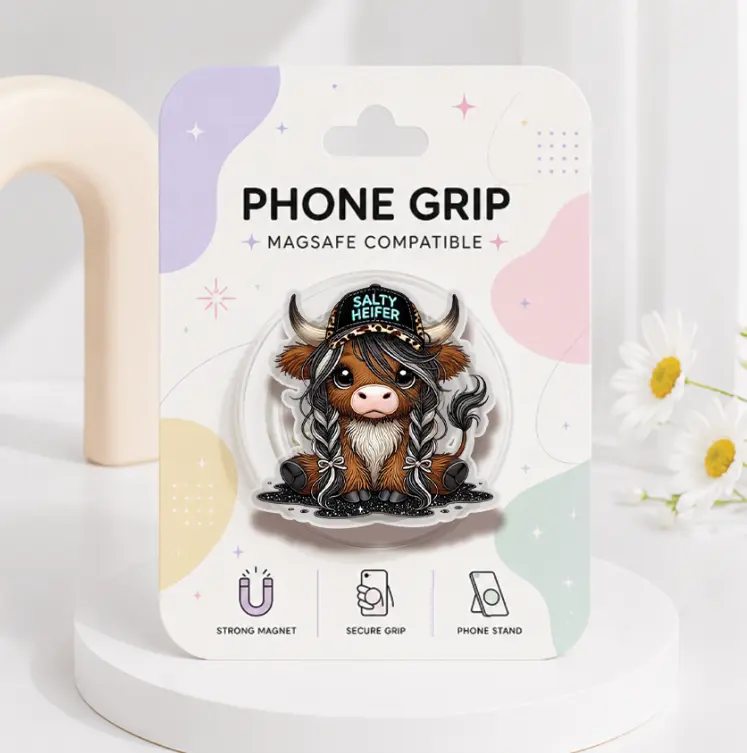 (Hot) Salty Highland Cow Phone Grip Magsafe, Western Cowgirl Phone Holder, Funny Phone Grip, Cartoon Kindle Grip,  Gift For Girls Boys