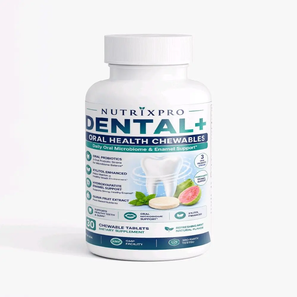 NutrixPro Dental+ Oral Health Chewable Tablets - Xylitol & Hydroxyapatite Formula - Supports Teeth, Gums & Enamel Health - Refreshing Mint Flavor - 30 Count