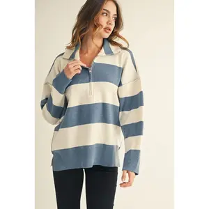 Reversed Stitch Accent Zip Up Sweater