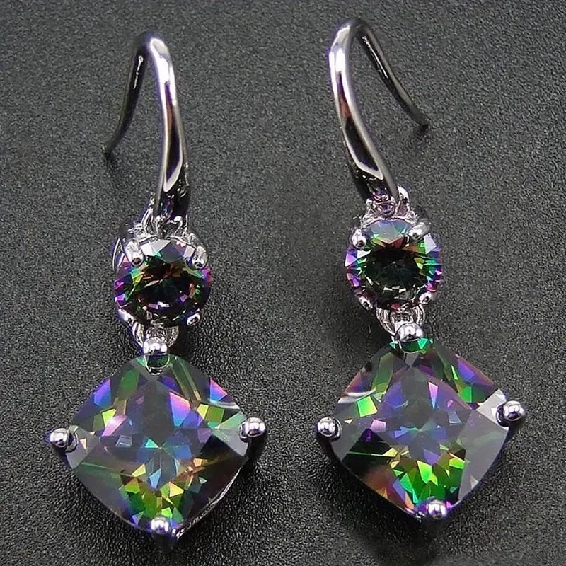 Women's Silvery-Plated Hook Rainbow Mystic Topaz Dangly Earrings - Gemstone Bridesmaid Earrings for Engagement, Shimmering Elegant Costume Jewelry, Gemstone Earrings