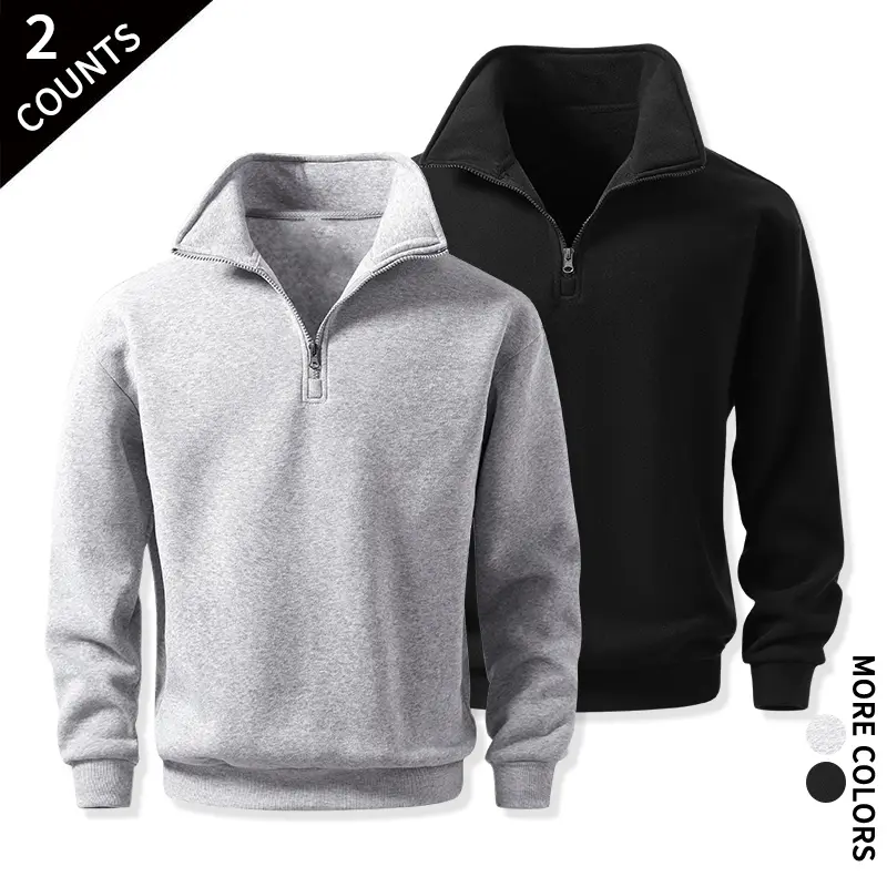 Mens Quarter Zip Collar Sweatshirt 2‑Piece Set Soft Fleece Lined Pullover Long Sleeve Fall Winter Basic Street Tops