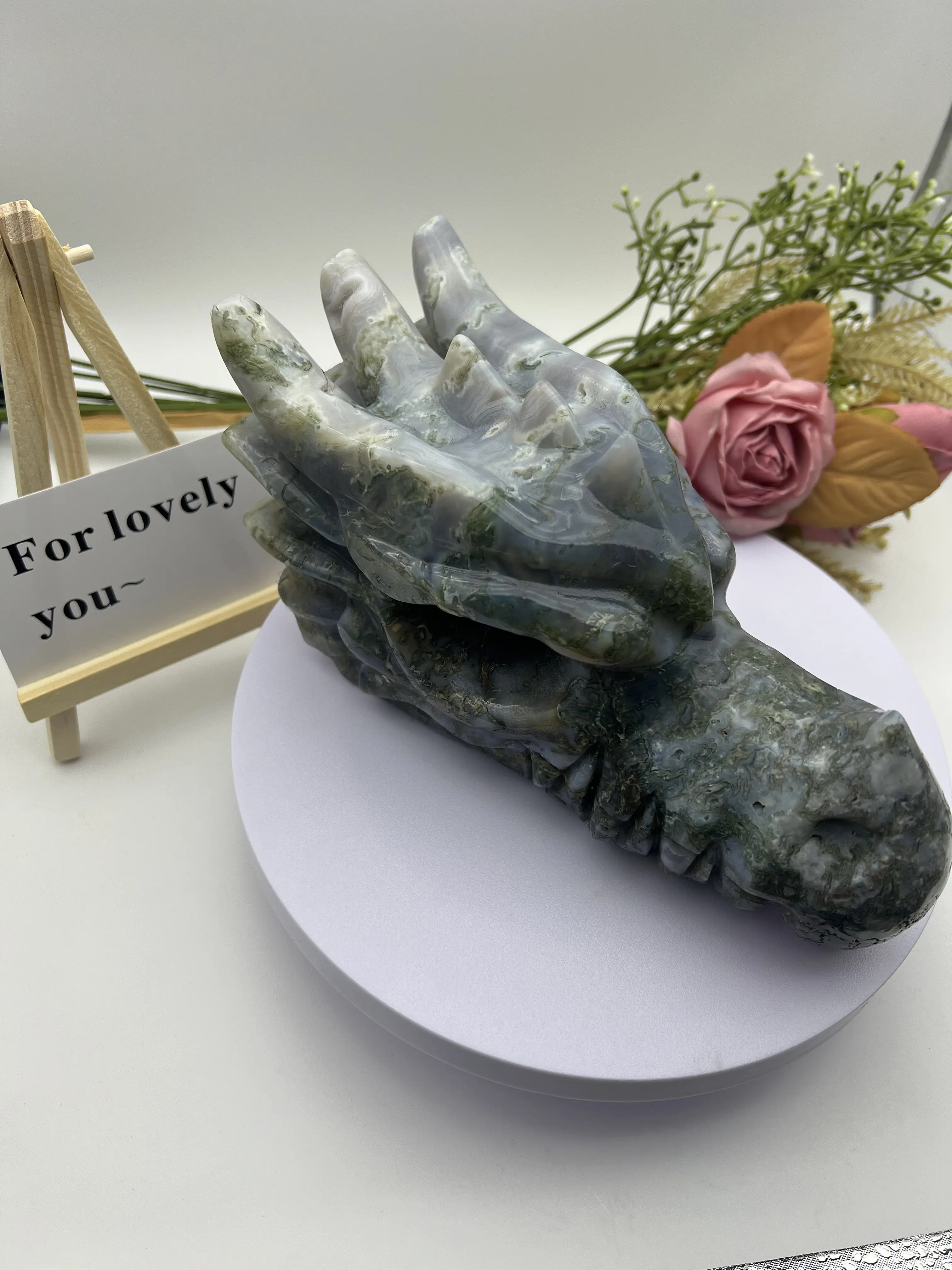 Natural Crystal Moss Agate Dragon Head Decor - Agate Chalcedony Jewelry Accessory Derivative, 1.58kg, 90cm High, 180cm Long, Carefully Packaged, High 90Cm, Long 180Cm