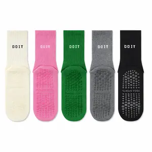 5 Pairs Non Slip Grip Socks for Women, Anti-Skid Yoga Pilates Socks with Full Sole Silicone Grip, Soft Breathable Cotton Crew Socks for Barre, Dance, Workout & Home 5-pair