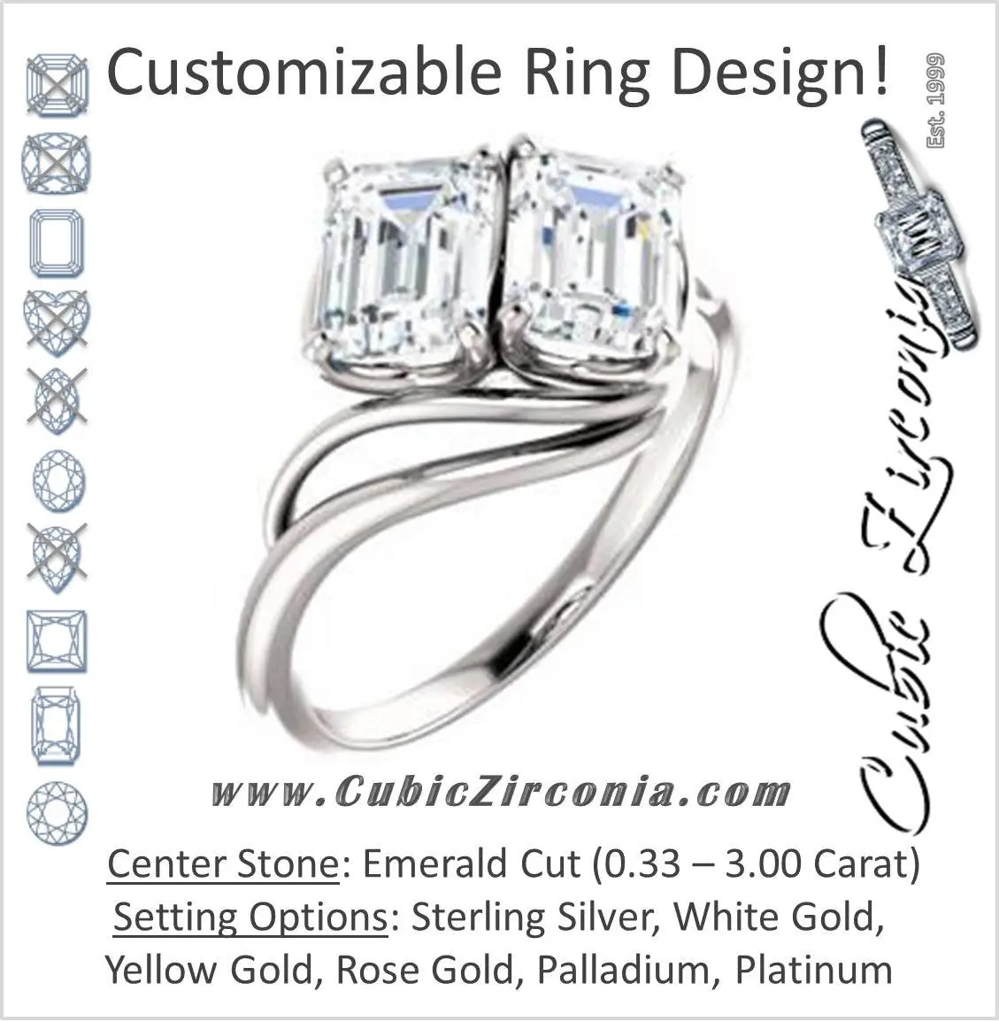 Cubic Zirconia Engagement Ring- The Yuli (Customizable 2-stone Emerald Cut Design with Artisan Bypass Split Band)