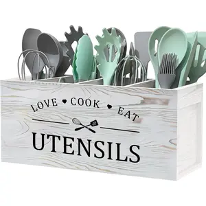 Kitchen Utensils Holder with 4 Compartments, Wooden Storage Utensil Holder Organizer for Counter or Countertop, Farmhouse Decor, Rustic Cooking Utensil Kitchen Tool