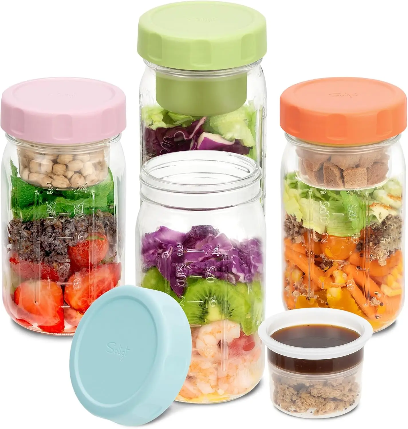 SOLIGT Glass Salad Jars with Lids, 4 Pack 32oz, Leakproof Container for Lunch - Two Small Built-in Boxes with Wet/Dry Separation for Salad Dressing an