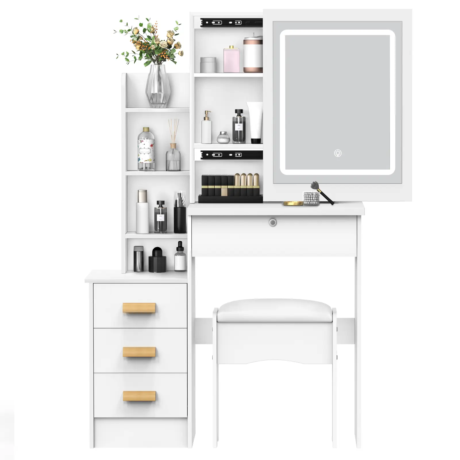 Modern LED Vanity Dresser - Lighted Vanity Table Makeup Dressing Desk with Sliding Mirror, 3-Color Lights, 4 Drawers, Open Shelves, Hidden Storage, Wooden Handles, Easy Assembly, 31.5"x14.6"x52", Ideal Valentine's Day Gift