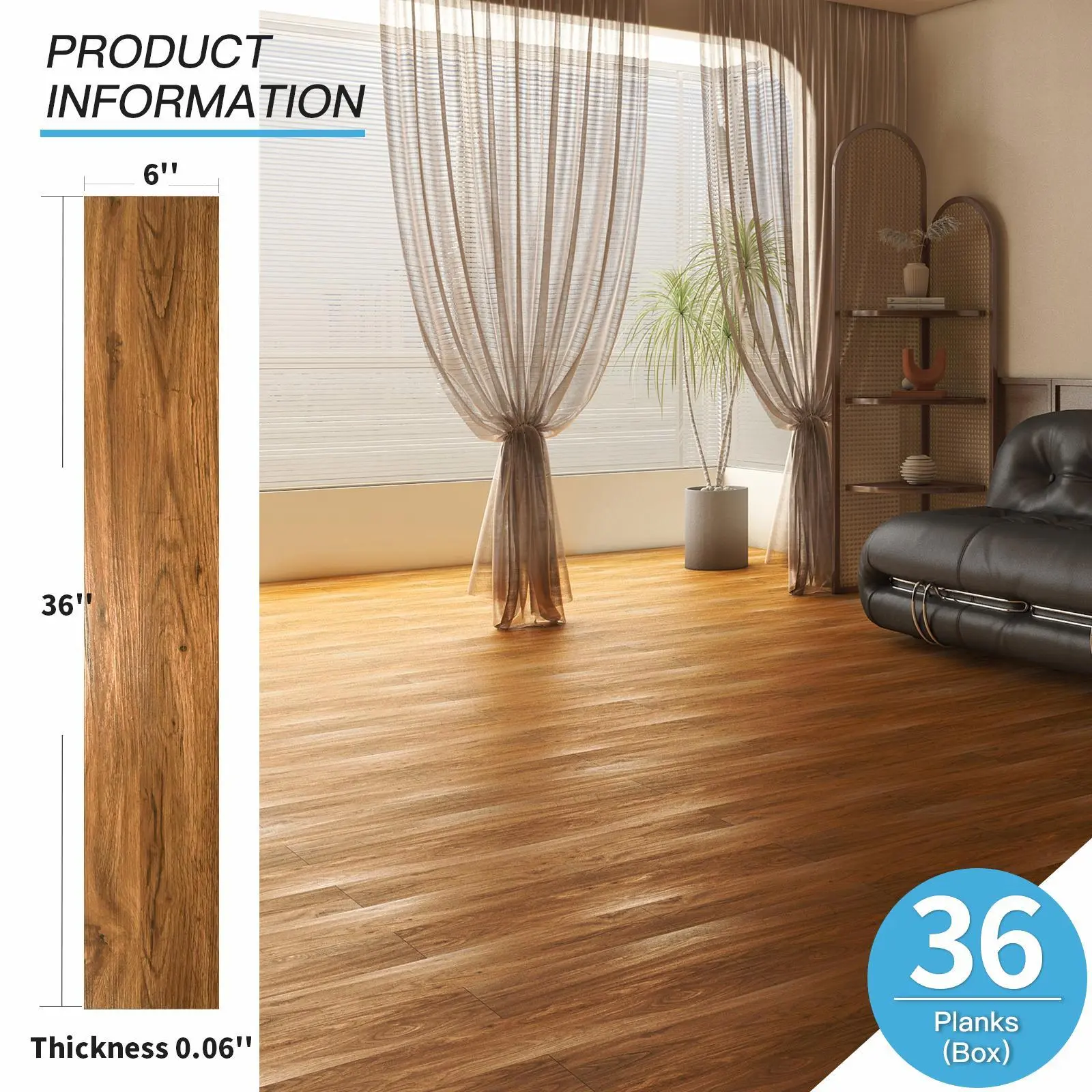 36-sheet Peel and Stick Floor Tiles - Vinyl Plank Flooring with Wood Look, 54 Sq. Ft., Adhesive and Waterproof for Bedroom, Living Room, Kitchen, RV in Rosewood