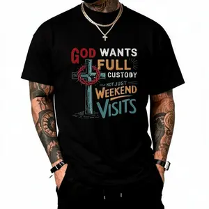 Men's Christian Faith T-Shirt "God Wants Full Custody Not Just Weekend Visits" - Religious Saying with Cross & Bible Verse Design, Casual Crew Neck Short Sleeve, Black with Red/Teal Lettering