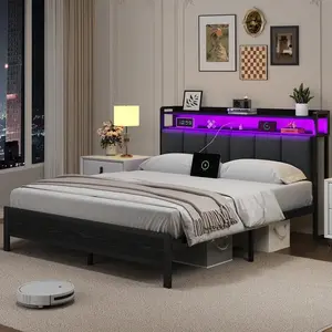 LED Bed Frame  Storage Headboard, Upholstered Bed Frame  Charging Station,  Platform Bed Frame  Heavy Duty  Slats, No Box Spring Needed, Easy Assembly, Black/ White/ Beige with Kids Metal Plush Rocking Horse Chair
