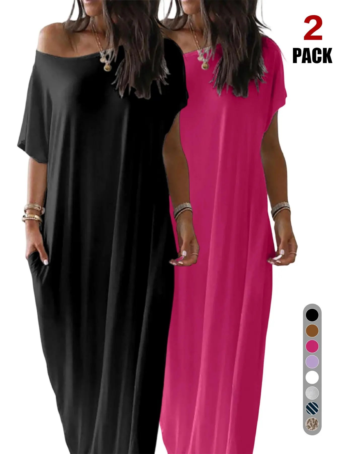 Loose Fit Casual Solid Color Women's Home Dress, Lazy Relaxed Style, Asymmetrical Shoulder Long Dress with Pockets, Fall Season