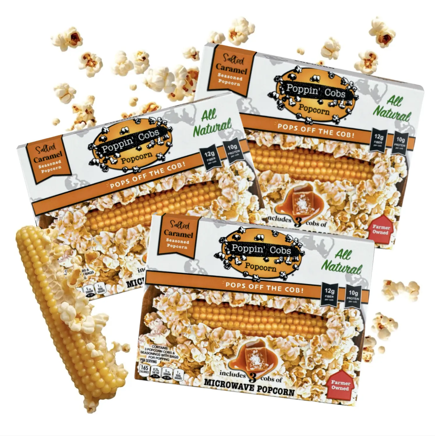 Poppin’ Cobs 3 Pack Salted Caramel Microwave Popcorn - Healthy Crunchy Snack that Pops right off the cob! (3) Three Pack Crispy Snack - good source of Fiber and Protein