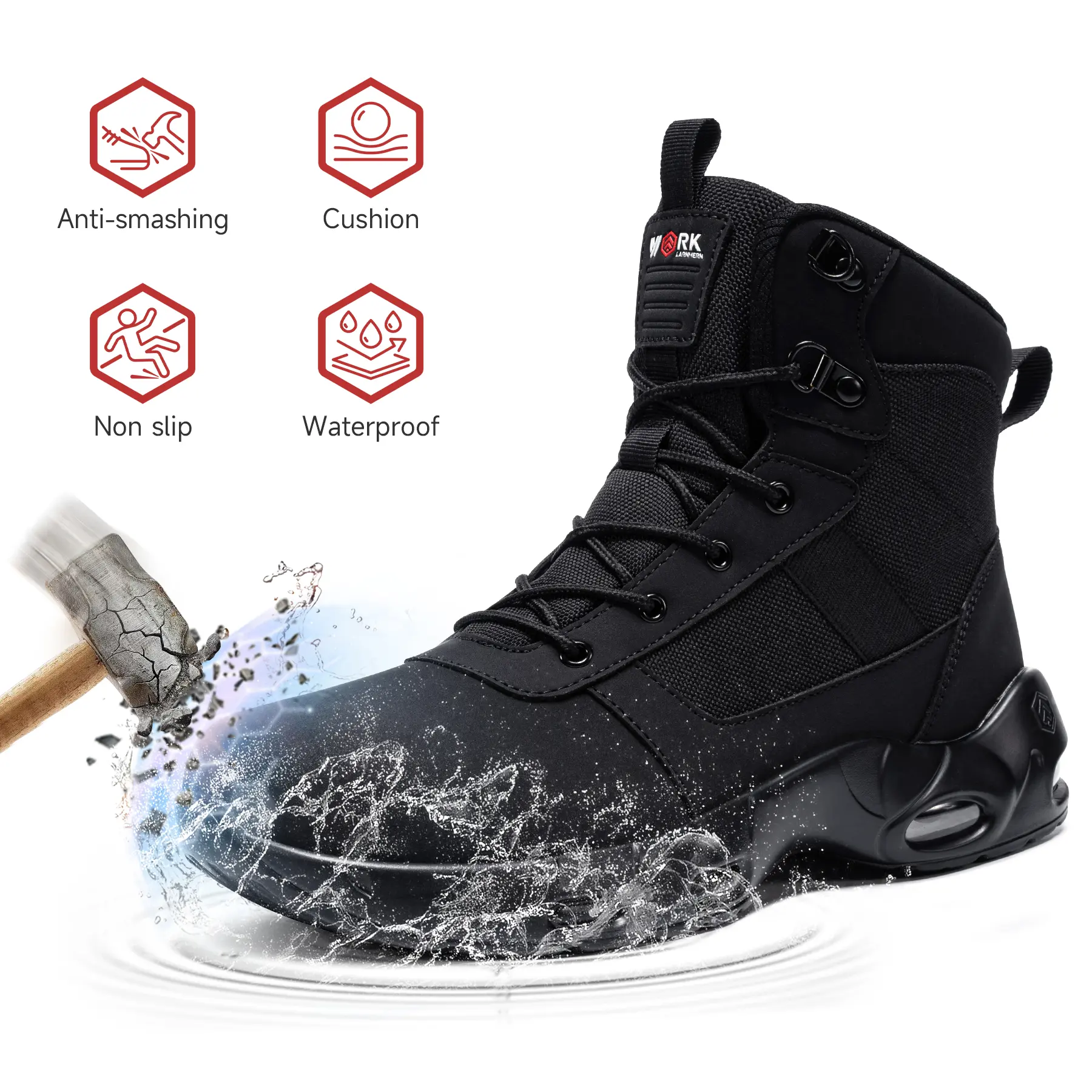Men's Steel Toe Work Boots with Side Zipper,LARNMERN Slip Resistant Water Resistant Safety Boots, Comfortable Cushioned High Top Work Shoes Black Footwear non slip shoes for work zapatos para trabajo steel toe shoes men zapatos para trabajo