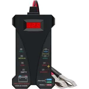 12V Digital Car Battery Tester Voltmeter and Charging System Analyzer with LCD Display and LED Indication - Black Rubber Paint