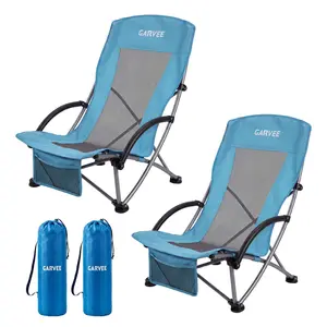 High Beach Chair 2 Pack, Folding Portable Beach Chairs for Adults, Lightweight Extra Wide Seat Chair with Cup Holder, Storage Pocket & Carry Bag for Camping, Beach, Travel