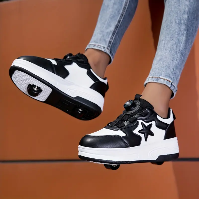 Youngsters' Black & White Roller Skates with Detachable Wheels  Trendy Outdoor Skateboard Shoes for Boys and Girls, Stylish Star Design, Perfect Holiday Gift for Active Youngsters