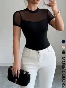 Women's Mesh Patchwork Stand Collar Top, Cool Chic Elegance Half High Neck Transparent Short Sleeve Fitted Basic Shirt, Stylish Summer Wear Blouse
