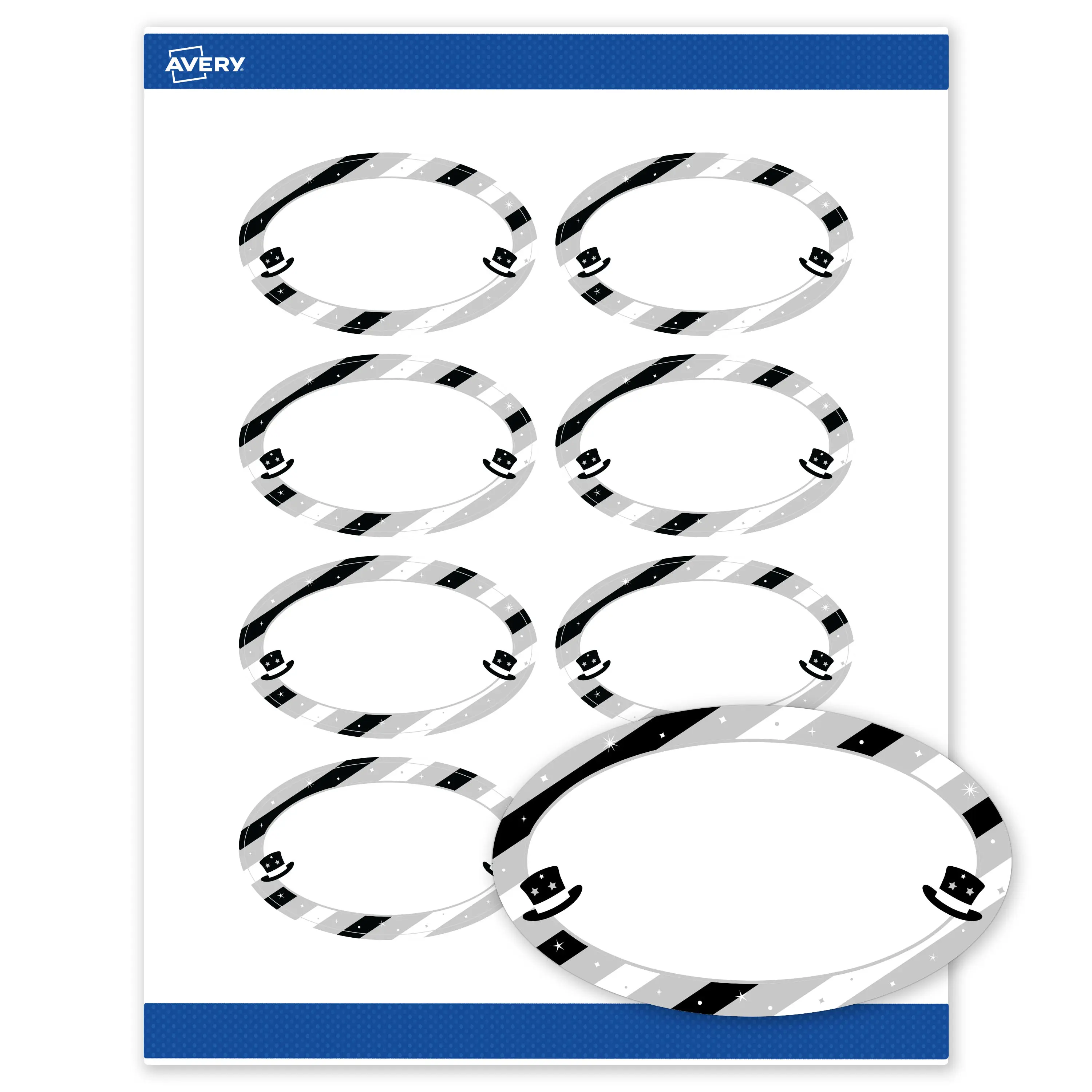 Avery® Printable Oval Labels, 2" x 3-1/3", Matte White, Pre-printed Metallic Silver Midnight Gala Frame Design, Sure Feed® Technology, Laser/Inkjet Compatible, 80 Total, Great for New Year's Branding