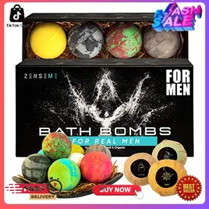 Bath Bombs for Men, Gift Set of 8 Scented Organic Handmade Bath Bombs of 2.5 oz with Natural Essential Oils for Boyfriend, Husband, Father or Friend, by ZenseMe