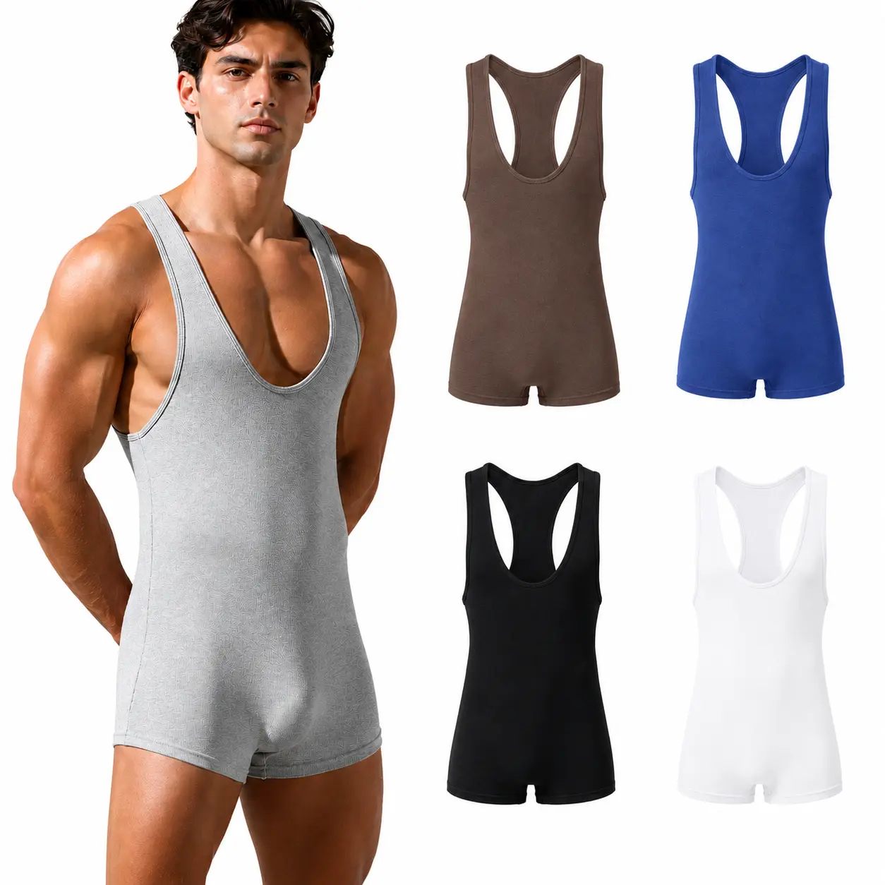 TAUWELL Men’s Ribbed Wrestling Singlet - Deep Scoop Neck, Racerback, Sleeveless 1-Piece Bodysuit for Gym Training, Wrestling, Loungewear-24706