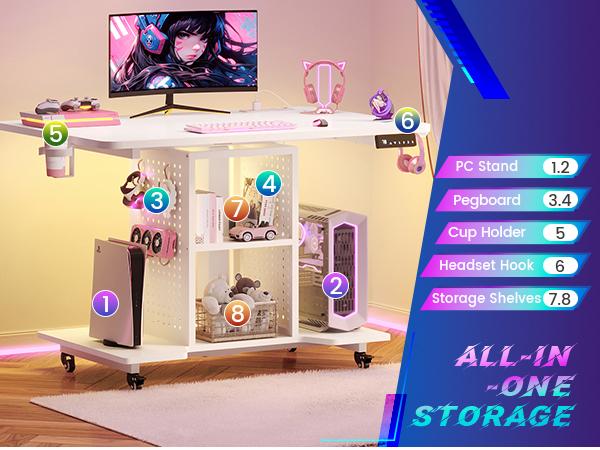 SEDETA Small Standing Gaming Desk - 31.5in Compact Adjustable Mobile Rolling Roll-Wheel Office Furniture with Power Outlet, Pegboard, Storage Shelves, RGB LED Light for Small Spaces/Bedroom, Standing Desk, Compact Adjustable Desks