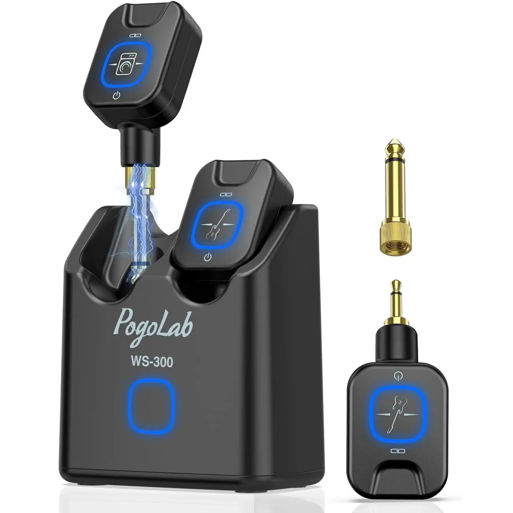 POGOLAB Wireless Guitar System 5.8GHz with Charging Box, Wireless Transmitter Receiver with 6.35mm/3.5mm 2-in-1 plug, 6 Channels, 18H Total Battery Life, for Electric Guitars, Bass