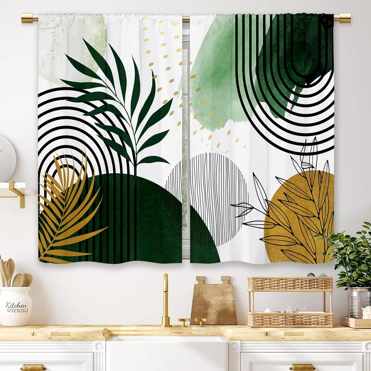 Green Abstract Mid Century Kitchen Curtains Leaf Small Short Cafe Window Curtains Minimalist Geometry Rod Pocket Bathroom Window Drapes Treatment Tier Curtains 2 Panels (27.5x39 Inch)
