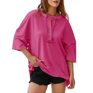 Shewin 2026 Spring/Summer Women's Oversized Henley Collar Tee Soft Breathable Cotton Blend Short Sleeve Button Down Casual Top for All Seasons SpringStatements