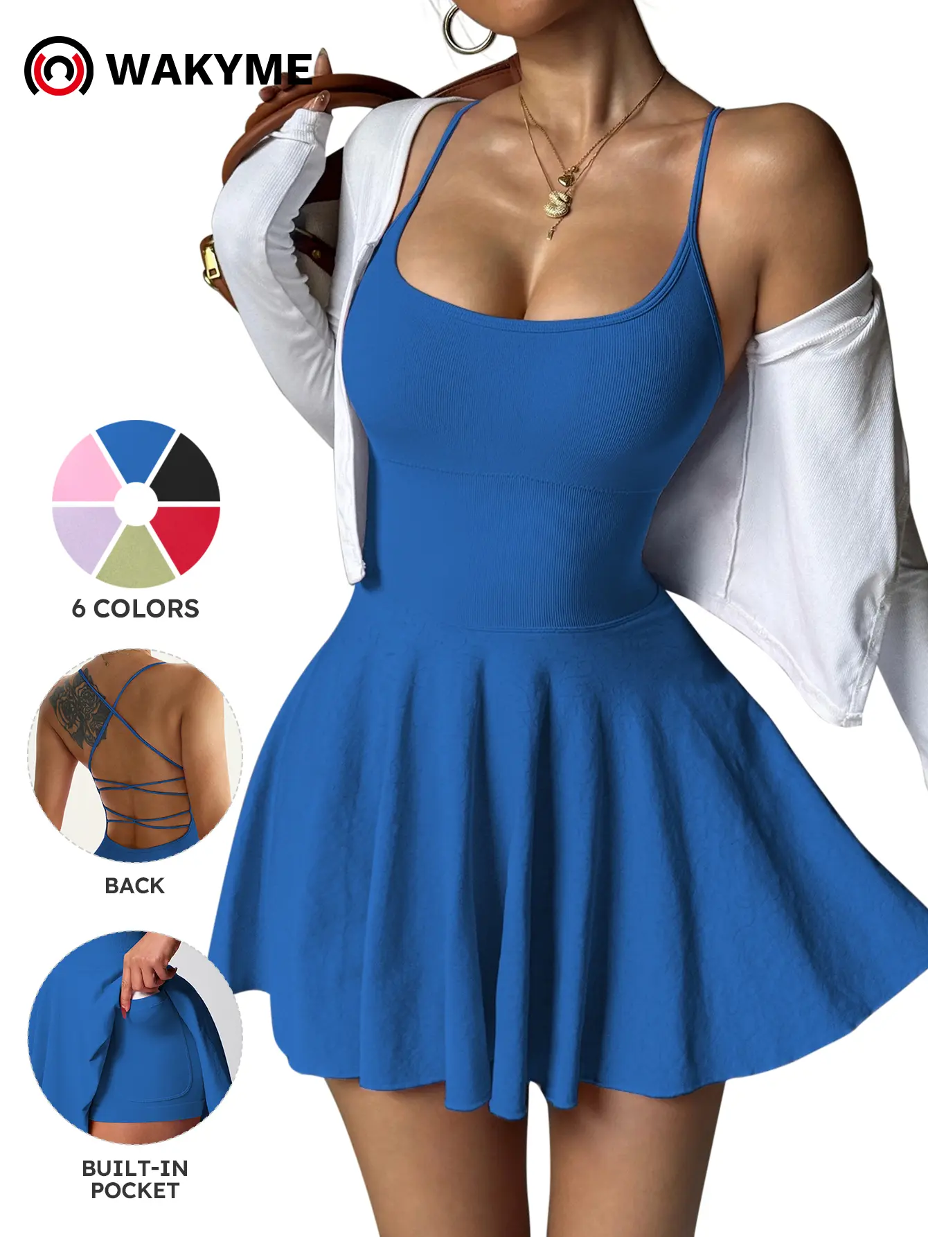 Women's Seamless Solid Color Crisscross Back Athletic Knitted Dress with Side Pockets – Bodycon Stretch Yoga & Workout Sport Dress for Tennis, Gym & Casual Wear